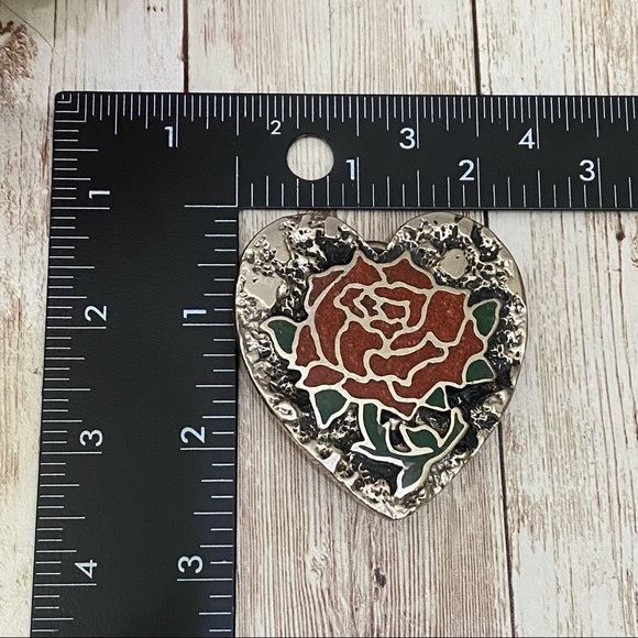 Vintage S.S.I. Enamel Inlay Rose Flower Heart-shaped Belt Buckle - Picture 9 of 12